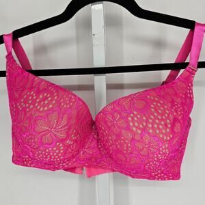 Vintage Y2K Youmita Womens Sz 36D T Shirt Bra Beige w/ Bright Pink Lace